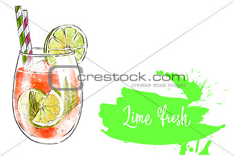 Colorfu hand-drawn illustration of delicious smoothie of fresh fruit. Fresh summer cocktail with lime and orange juice. Glass with ice cubes and a straw. Healthy beverage. Vitamin natural drink.