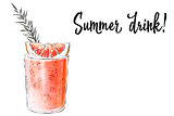 Colorfu hand-drawn illustration of delicious smoothie of fresh fruit. Fresh summer cocktail with grapefruit and rosemary. Glass with ice cubes. Healthy beverage. Vitamin natural drink.