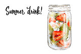Colorfu hand-drawn illustration of delicious smoothie of fresh fruit. Fresh summer cocktail with strawberry and mint. Glass jar with ice cubes. Healthy beverage. Vitamin natural drink.