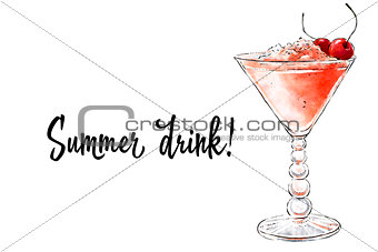 Colorfu hand-drawn illustration of delicious smoothie of fresh fruit. Fresh summer cocktail with cherries and crushed ice in a beautiful glass. Healthy beverage. Vitamin natural drink.
