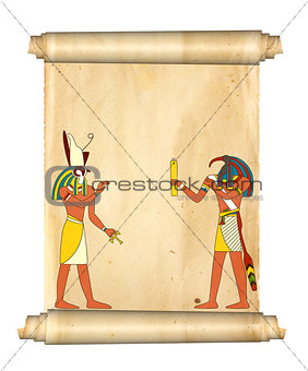 Old parchment with Egyptian gods images Toth and Horus