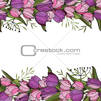 Square frame with tulips and herbs on white. Floral pattern for your wedding design, floral greeting cards, posters.