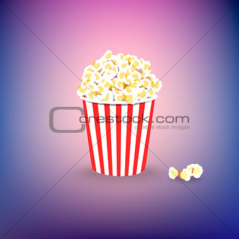 Carton bowl full of popcorn on colorful background. Flat vector illustration
