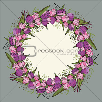 Round frame with tulips and herbs on white. Floral pattern for your wedding design, floral greeting cards, posters.