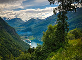 Aerial panorama view to Geiranger fjord from Trollstigen, Norway