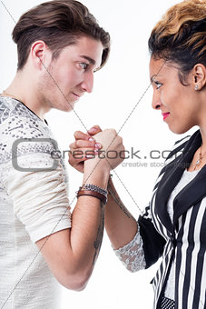 Man and woman facing off in a battle of wills