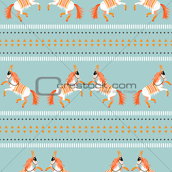 Circus horse tribal seamless vector blue pattern.