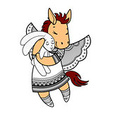 Lovely horse with wings in beautiful clothes with a plush rabbit in the paws.