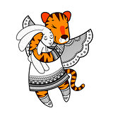 Lovely tiger with wings in beautiful clothes with a plush rabbit in the paws.