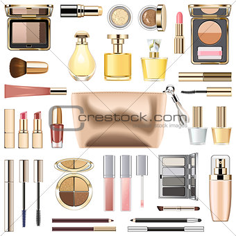 Vector Makeup Cosmetics with Golden Cosmetic Bag