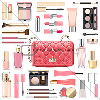 Vector Makeup Cosmetics with Pink Handbag