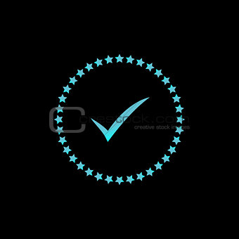 Approved or certified medal icon with star circle in glowing techno blue color. Rosette icon. Award vector