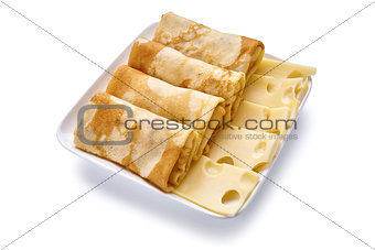 pancakes with cheese are isolated on a white background