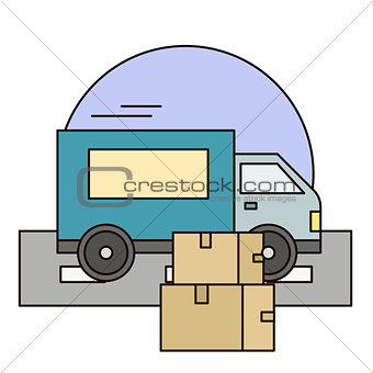 White delivery van with shadow and cardboard boxes on city background. Fast service truck