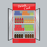 Refrigerated supermarket display case full with multiple drinks and beverages. Illustrated vector for your Mockup design.