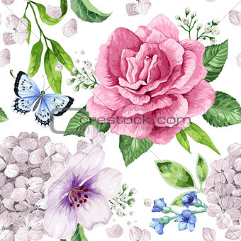 Apple tree, roses, hydrangea flowers petals and leaves in watercolor style on white background. Seamless pattern for textile, wrapping paper, package,