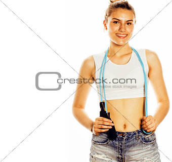 young pretty woman with skipping rope isolated on white
