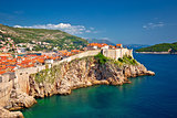 Town of Dubrovnik and stron defence walls view