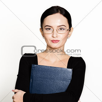young beautiful Asian businesswoman wearing eyeglasses with folder for papers