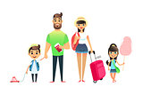 Travelling family people waiting for airplane or train. Cartoon dad, mom and child traveling together. Young cartoon couple, girl and boy go on vacation with suitcases and bags. Man holds tickets and passports. Happy big family leave on the sea resort.