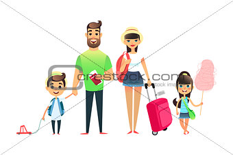 Travelling family people waiting for airplane or train. Cartoon dad, mom and child traveling together. Young cartoon couple, girl and boy go on vacation with suitcases and bags. Man holds tickets and passports. Happy big family leave on the sea resort.