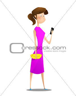 Cartoon young girl using smart phone.
