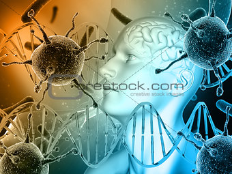 3D medical background with male head, brain with virus cells and