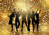 Silhouettes of people dancing on glittery gold background