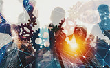 Business team connect pieces of gears. Teamwork, partnership and integration concept with network effect. double exposure
