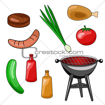 A set of icons of a barbecue. Vector illustration of grilling, s