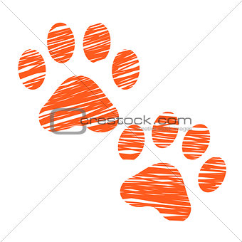 Sketched cat footprints, stylized scratched cat paws, hatched animal steps, trials and traces