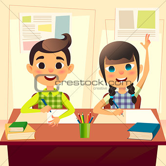 Happy children at school desk. Kids at school in class. The boy writes the assignment in the notebook. Girl two fingers up for answer. Cartoon flat students characters. Back to school concept