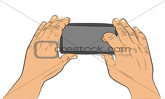Hands holding smartphone and recording video vector drawing