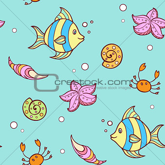 Doodle marine pattern with fish