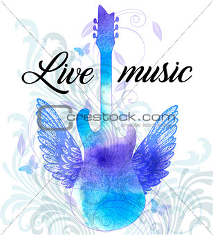 Rock music poster with blue watercolor guitar