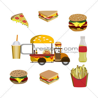 Concept on street food. Pattern with fastfood