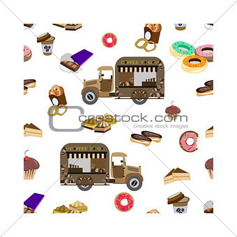 Concept on street food, coffee to go. Seamless pattern with car and sweets