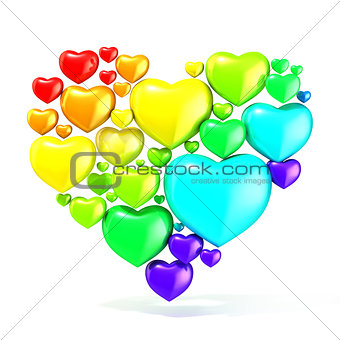Sweet, colorful, beautiful hearts on white background, arranged 