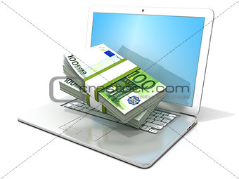 Laptop with stacks of hundreds euros . 3D