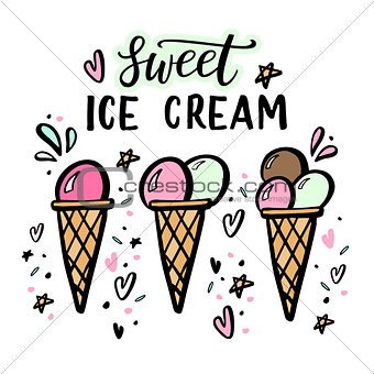 Hand drawn illustrations of ice cream with hand lettering.