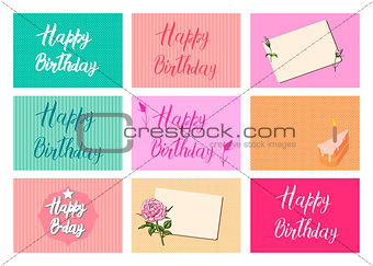 Set of bright postcards. Happy Birthday calligraphy letters on different backgrounds. Festive typography vector designs for greeting cards. Ready templates