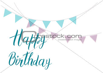 Happy Birthday text with purple and blue checkboxes. Bright postcard. Festive typography vector design for greeting cards