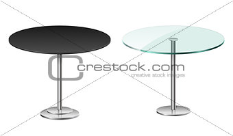 Empty modern black round table isolated on white. Vector glass table with metal stand template for restaurant or cafe interior. vector Illustration