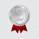 Champion Art Silver Medal with Red Ribbon Icon Sign Second Place Isolated on Transparent Background. Vector Illustration