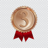 Champion Art Bronze Medal with Red Ribbon Icon Sign First Place Isolated on Transparent Background. Vector Illustration