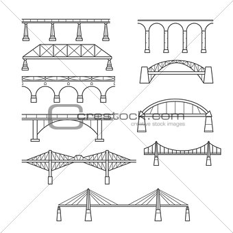 Types of bridges in linear style set - infographic icon of bridg