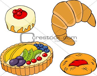 Pastry, croissants, fruit tart, bagel and jam-filled pastry