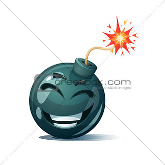 Cartoon bomb, fuse, wick, spark icon. Laugh smiley.