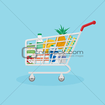 Red shopping basket filled with useful natural products.
