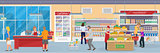 Interior of a modern supermarket with goods, buyers and employee